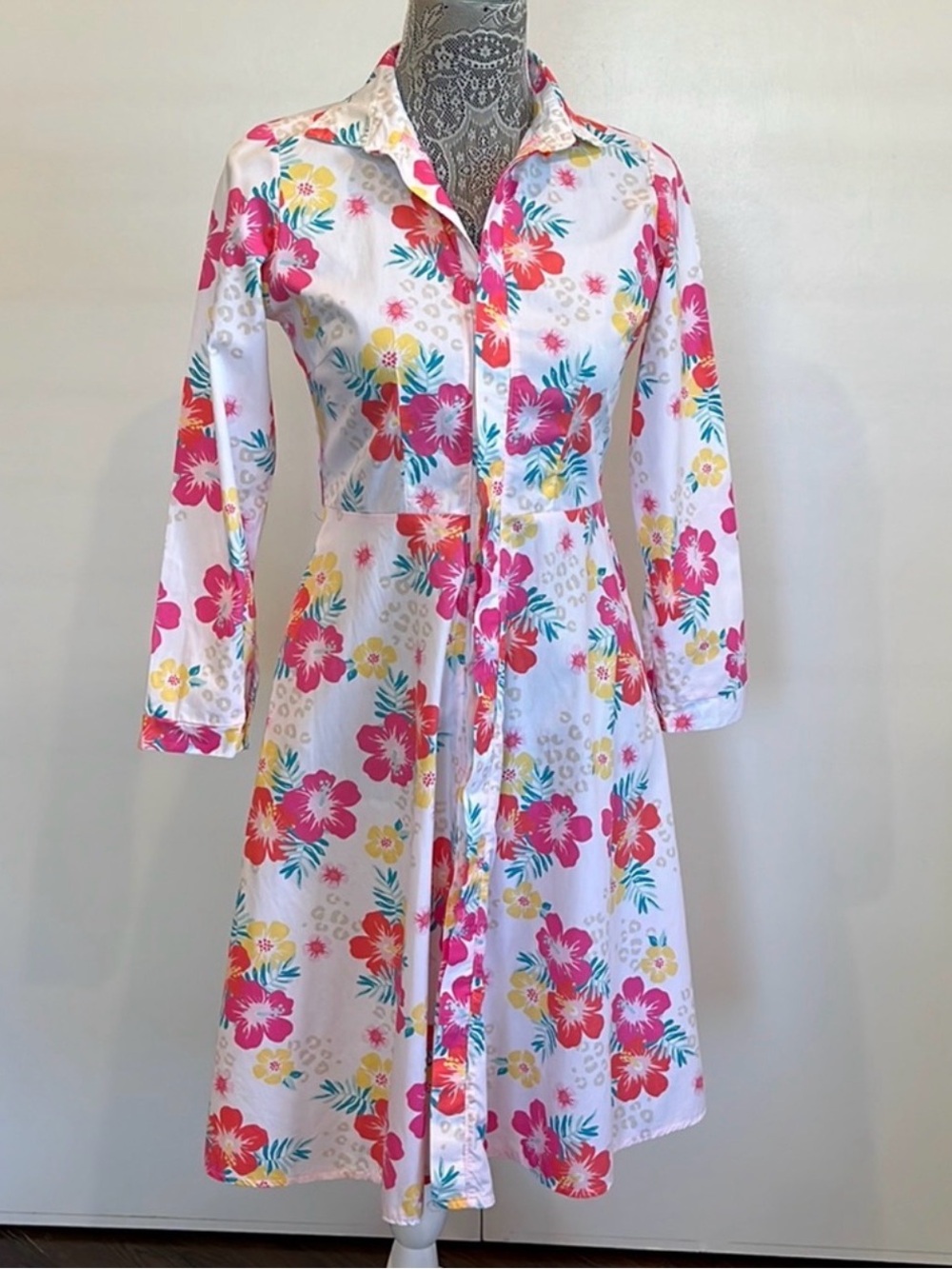 Vintage Retro Hawaiian print long sleeve midi shirt dress Size XS